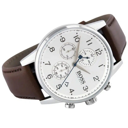 Hugo Boss Navigator 1513495 Men's Silver Steel Watch with White Dial & Brown Leather Strap