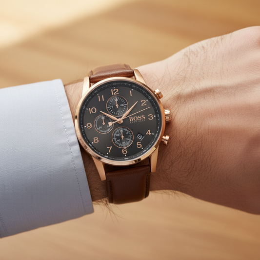 Hugo Boss Navigator 1513496 Men's Rose Gold Watch with Grey Dial & Brown Leather Strap