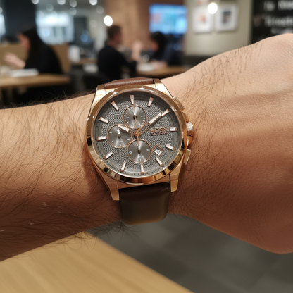 Hugo Boss Grandmaster 1513882 Men's Rose Gold Watch Grey Dial Brown Leather