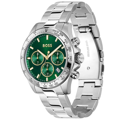 Hugo Boss Hero 1514217 Men's Silver Steel Watch with Green Dial & Gold Accents