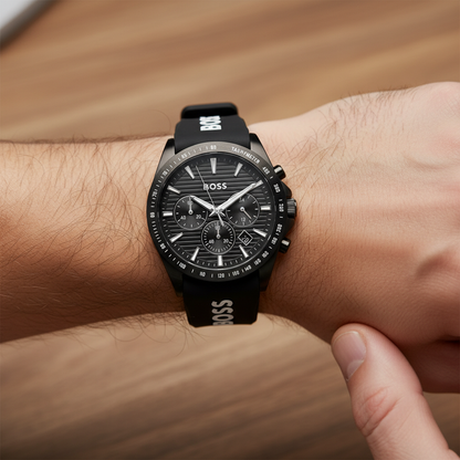 Hugo Boss Strike 1514289 Men's All-Black Watch with Logo Rubber Strap