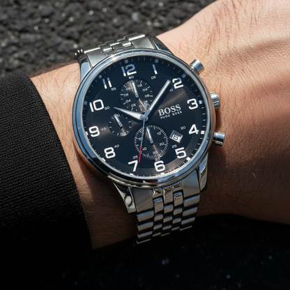 Hugo Boss Aeroliner 1512446 Silver Stainless Steel Black Dial Chronograph Watch