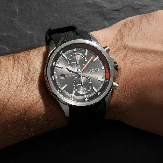 Hugo Boss Globetrotter 1513931 Silver Black Rubber Orange Accents Men's Watch