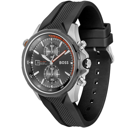 Hugo Boss Globetrotter 1513931 Silver Black Rubber Orange Accents Men's Watch