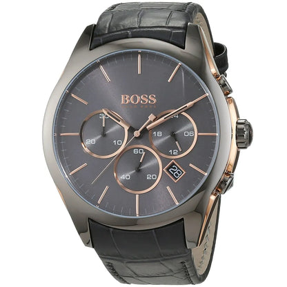 Hugo Boss Onyx 1513366 Gunmetal Grey Leather Rose Gold Accents Watch