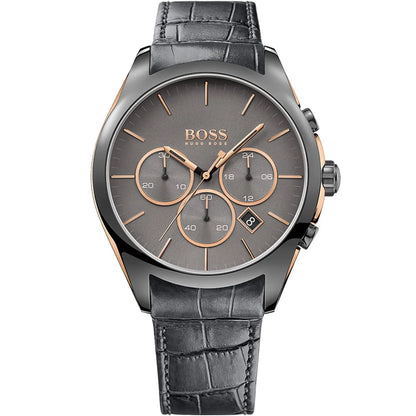 Hugo Boss Onyx 1513366 Gunmetal Grey Leather Rose Gold Accents Watch