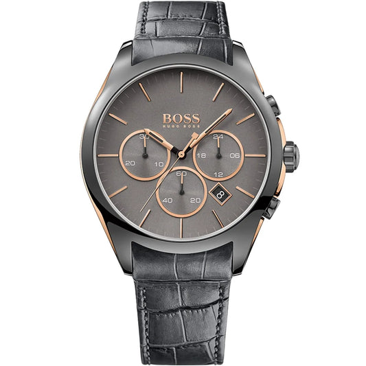 Hugo Boss Onyx 1513366 Gunmetal Grey Leather Rose Gold Accents Watch