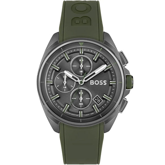 Hugo Boss Volane 1513952 Grey IP Case Green Rubber Strap Men's Watch
