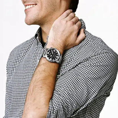Fossil Nate JR1353 Men’s Analog Watch – 50mm Black Dial with Silver Stainless Steel Strap