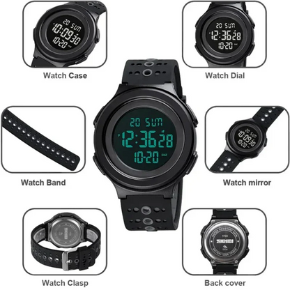 SKMEI 1733 ساعة يد سوداء للرجال والنساء ساعات منبه LED متعددة الوظائف - قرص داكن