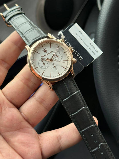 Maserati Epoca R8871618016 Men's Rose Gold Watch with White Dial & Black Leather Strap