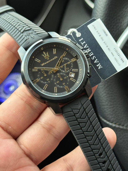 Maserati Successo R8871621011 Black Silicone Gold Accents Chronograph Watch