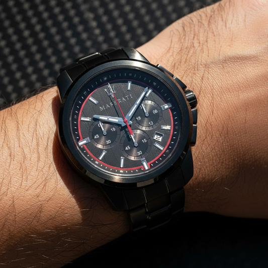 Maserati Successo R8873621014 All-Black Stainless Steel Red Accents Watch