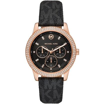 Michael Kors Camille MK6968 Rose Gold-Tone Watch with Black MK Logo Strap