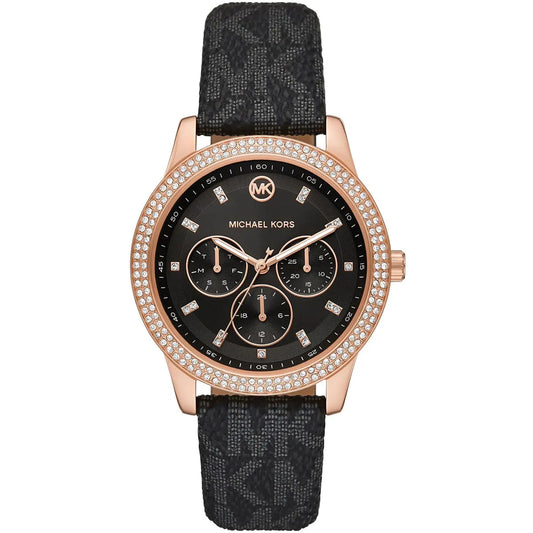 Michael Kors Camille MK6968 Rose Gold-Tone Watch with Black MK Logo Strap