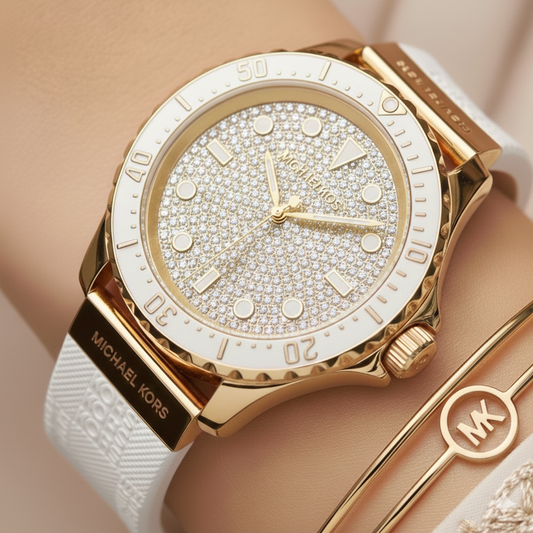 Michael Kors Everest MK7357 Gold-Tone Crystal Pavé White Rubber Women's Watch