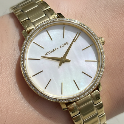 Michael Kors Pyper MK1065 Gold-Tone Watch with White Mother of Pearl Dial