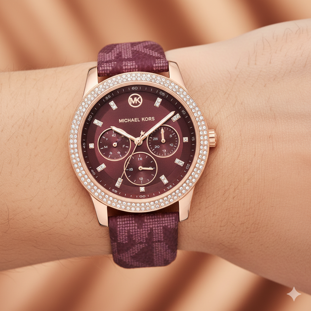 Michael Kors Camille MK2967 Rose Gold Watch with Burgundy MK Logo Strap