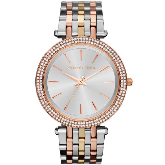 Michael Kors Darci MK3203 Tri-Tone Watch with Crystal Bezel and Silver Dial