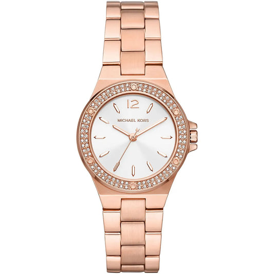 Michael Kors Lennox MK7279 Rose Gold Watch with Crystal Bezel and Silver Dial