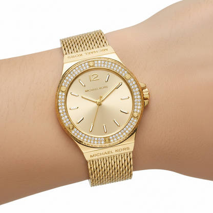 Michael Kors Lennox MK7335 Gold-Tone Watch with Mesh Bracelet and Crystal Bezel