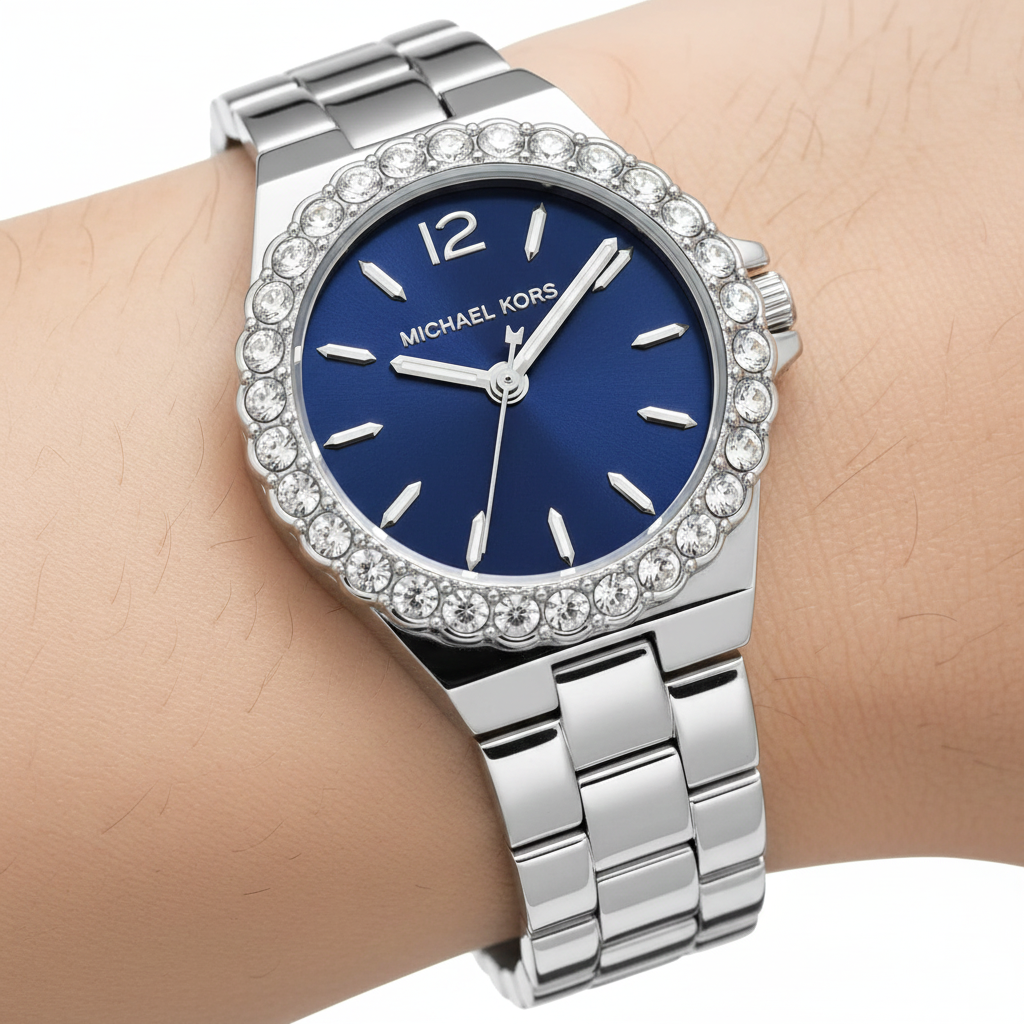 Michael Kors Lennox MK7397 Silver Watch with Navy Blue Dial and Crystal Bezel