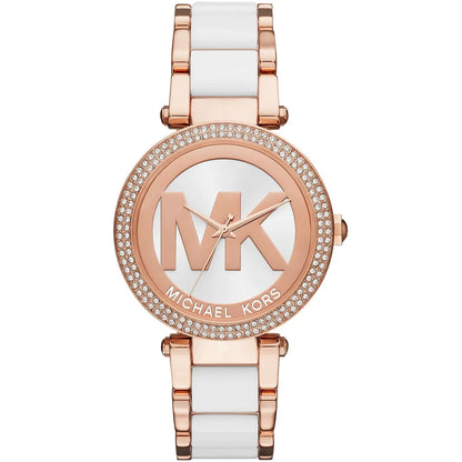 Michael Kors Parker MK6365 Rose Gold & White Acetate Logo Watch