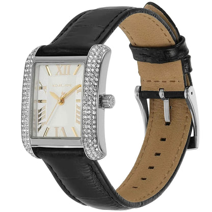 Michael Kors Emery MK4696 Rectangular Silver Tone Black Leather Women Watch