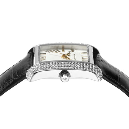 Michael Kors Emery MK4696 Rectangular Silver Tone Black Leather Women Watch