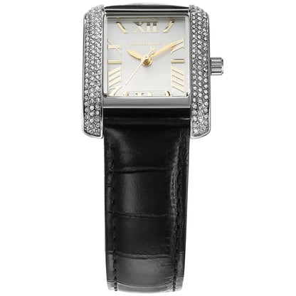 Michael Kors Emery MK4696 Rectangular Silver Tone Black Leather Women Watch