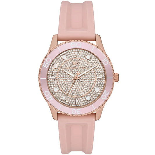 Michael Kors Runway MK6854 Rose Gold Tone Full Pavé Crystal Pink Rubber Women's Watch
