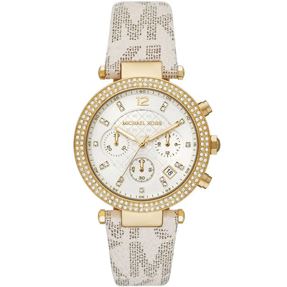 Michael Kors Parker MK6916 Chronograph White Logo Leather Strap Women's Watch