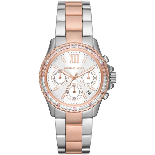 Michael Kors Everest MK7214 Two-Tone Silver & Rose Gold Baguette Crystal Women's Watch