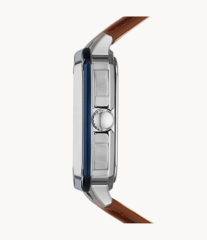 Fossil Inscription Automatic Skeleton Blue Dial Brown Leather Strap Watch for Men - BQ2571