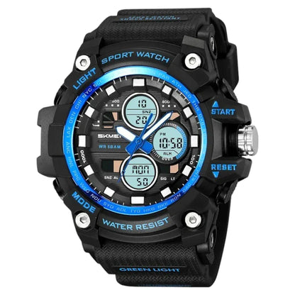 ساعة SKMEI 2349 رياضية متعددة الوظائف رقمي مع عقارب تدعم 3 مناطق زمنيه, منبه, تقويم, ساعة إيقاف, مؤقت تنازلي - أسود أزرق