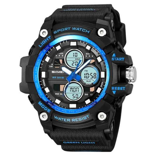 ساعة SKMEI 2349 رياضية متعددة الوظائف رقمي مع عقارب تدعم 3 مناطق زمنيه, منبه, تقويم, ساعة إيقاف, مؤقت تنازلي - أسود أزرق