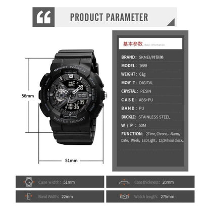 ساعة رياضية SKMEI 1688 رقمي مع عقارب متعددة الوظائف ساعة منبه وساعة إيقاف تقويم كامل عرض اليوم والتاريخ