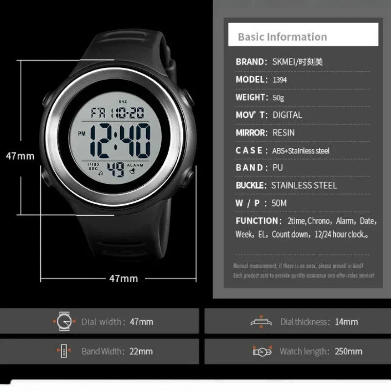 SKMEI 1394 ساعة رياضية بلون اسود متينة، متعددة الوظائف