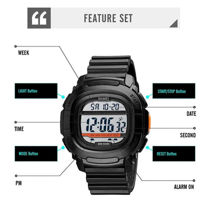 SKMEI 1657 ساعة رياضية رقمية مربعة متعددة الوظائف مع عداد للوقت مقاومة للماء