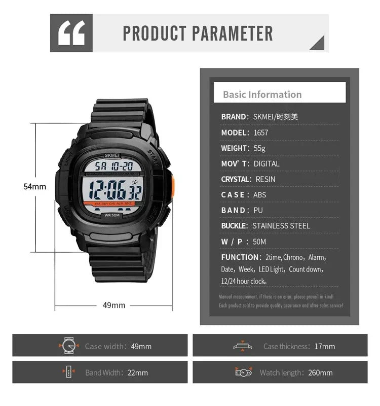 SKMEI 1657 ساعة رياضية رقمية مربعة متعددة الوظائف مع عداد للوقت مقاومة للماء