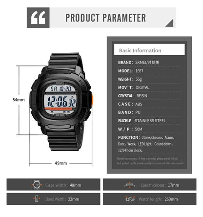 SKMEI 1657 ساعة رياضية رقمية مربعة متعددة الوظائف مع عداد للوقت مقاومة للماء