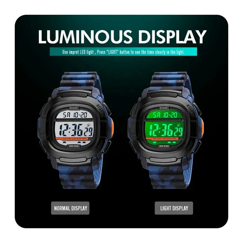 SKMEI 1657 ساعة رياضية رقمية مربعة متعددة الوظائف مع عداد للوقت مقاومة للماء بلون اسود