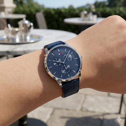 Tommy Hilfiger Brad 1710387 Silver Case Navy Blue Leather Strap Men's Watch