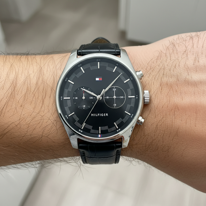 Tommy Hilfiger Sawyer 1710424 Silver Case Black Dial Black Leather Men's Watch