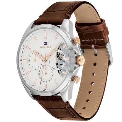 Tommy Hilfiger Baker 1710450 Silver Case White Semi-Skeleton Dial Brown Leather Men's Watch
