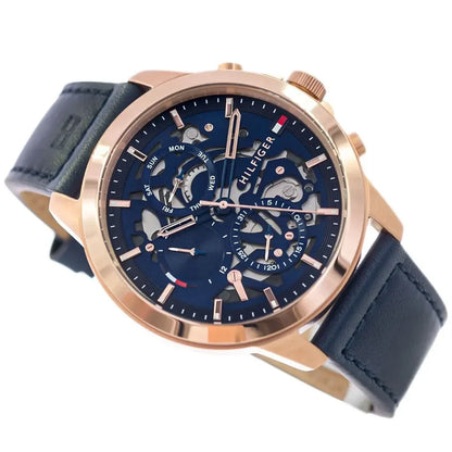 Tommy Hilfiger Henry 1710475 Rose Gold Case Blue Semi-Skeleton Dial Blue Leather Men's Watch