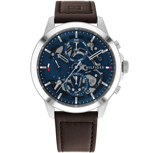 Tommy Hilfiger Henry 1710476 Silver Case Blue Semi-Skeleton Dial Brown Leather Men's Watch