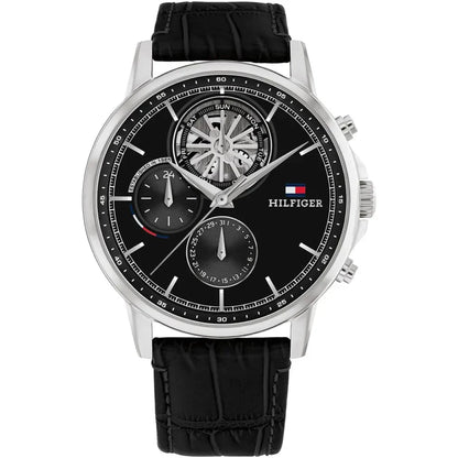 Tommy Hilfiger Stewart 1710605 Black Leather Strap Semi-Skeleton Men's Watch