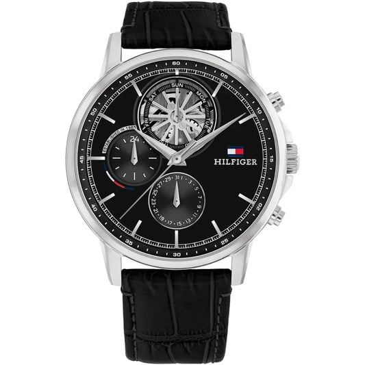 Tommy Hilfiger Stewart 1710605 Black Leather Strap Semi-Skeleton Men's Watch