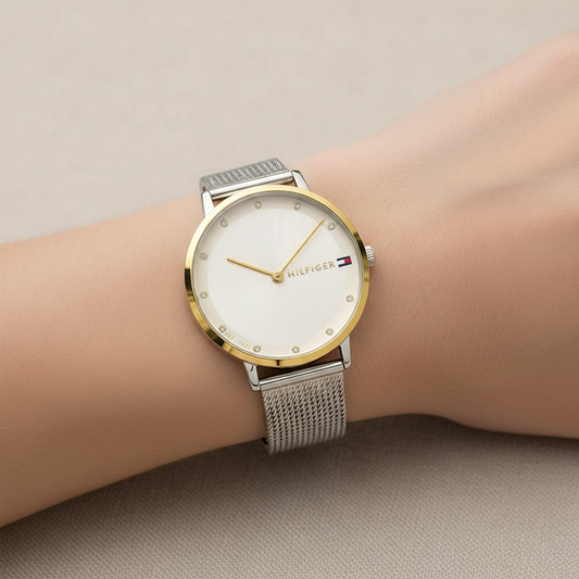 Tommy Hilfiger Pippa 1782667 Silver Mesh White Dial Gold Bezel Women's Watch